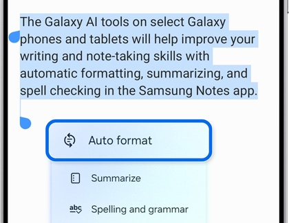 Samsung Notes with Galaxy AI tools, showing the Auto Format option for improved writing and note-taking.