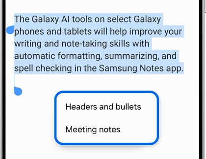 Galaxy AI offers formatting options, like Headers and Bullets and Meeting Notes, in Samsung Notes.