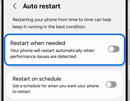 Galaxy S25 Ultra auto restart settings with Restart when needed toggle highlighted.