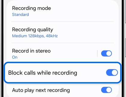 Voice Recorder settings on a Samsung Galaxy phone, showing the block calls while recording option enabled.