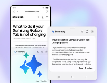 Browsing assistant summarizing an article on Samsung Galaxy devices.