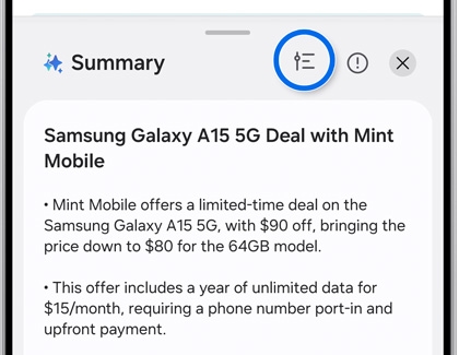 Summary screen showing details of a Samsung Galaxy A15 5G deal with Mint Mobile. The filter icon is highlighted at the top.