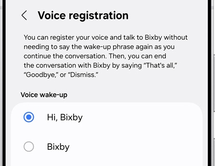 Voice registration settings for Bixby, showing wake-up phrases Hi, Bixby and Bixby with Hi, Bixby selected.