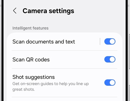 Galaxy S25 Ultra camera settings showing options for Scan documents and text, Scan QR codes, and Shot suggestions.