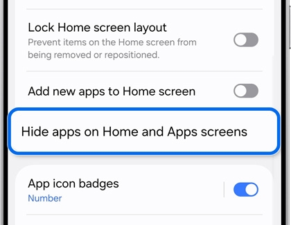 Home screen settings on the Galaxy S25 Ultra, with the Hide apps on Home and Apps screens option highlighted.