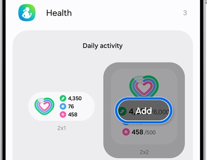 Health widget selection screen on the Galaxy S25 Ultra, with the Add button for the Daily Activity widget highlighted.