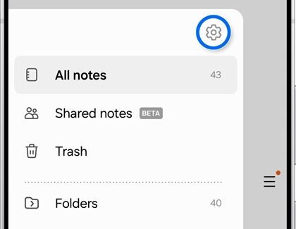 Galaxy S25 Ultra Notes app with settings icon highlighted and options for All notes, Shared notes, Trash, and Folders.