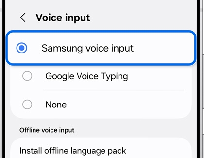 Samsung voice input highlighted in Voice input settings on a Galaxy phone