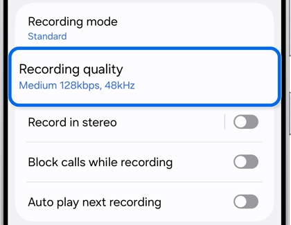 Voice Recorder settings, highlighting the selected recording quality setting, medium 128kbps, 48kHz.
