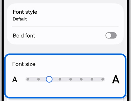 Font style and size settings on the Galaxy S25 Ultra, with a slider to adjust font size and an option to toggle bold font.