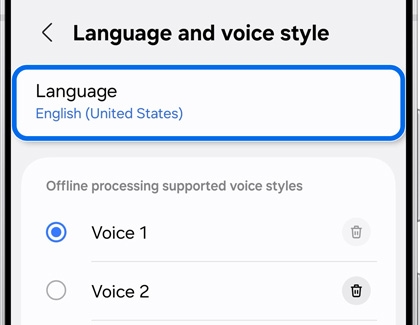 Language and voice style settings for Bixby Voice, highlighting the selected language as English United States.