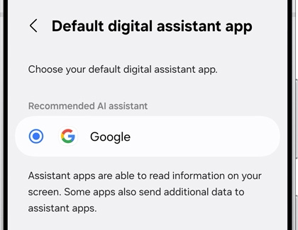 The default digital assistant app selection screen on a Galaxy S25, with Google selected