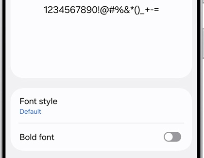 Galaxy S25 Ultra font settings with options for font style and bold font toggle.