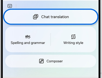 Interface highlighting Chat translation option for language conversion in a Samsung app.