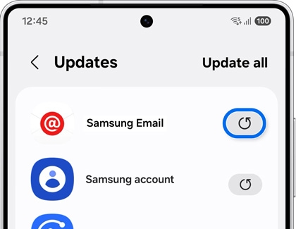 Updates screen showing the Samsung Email app with the update button highlighted.