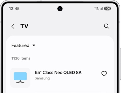 Galaxy S25 Ultra displaying the TV section of a shopping app showing the featured 65-inch Class Neo QLED 8K model.