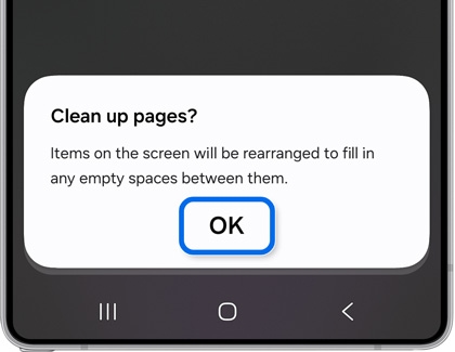 Galaxy S25 Ultra showing a Clean up pages prompt with the OK button highlighted.