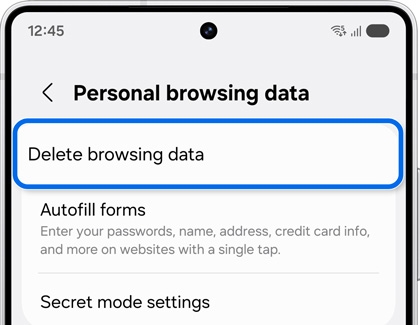 Personal browsing data settings screen with Delete browsing data option highlighted..