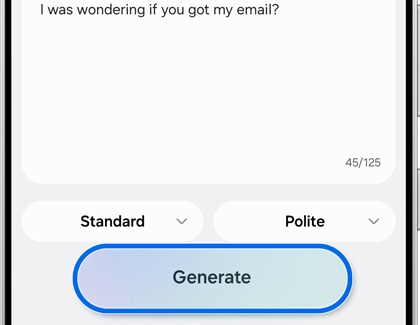 Samsung app interface showing options to generate text in different tones or styles with a Generate button.