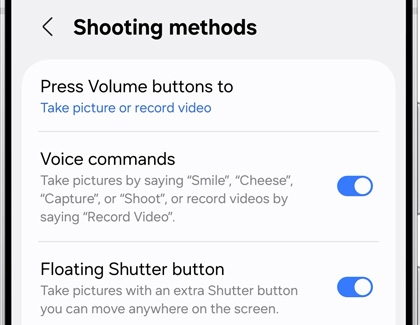 Galaxy S25 Ultra camera settings showing shooting methods, including Voice commands and Floating Shutter button.