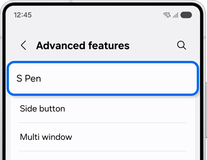 The S Pen option highlighted in the Advanced features menu.