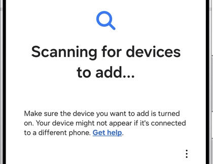 Scanning for devices to add displayed on the connection screen in the Galaxy Wearable app.