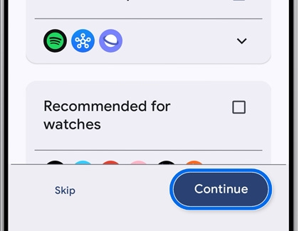 The Continue option highlighted on the watch app selection screen.