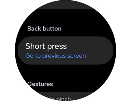 Back button settings on a Galaxy watch, including Short press.