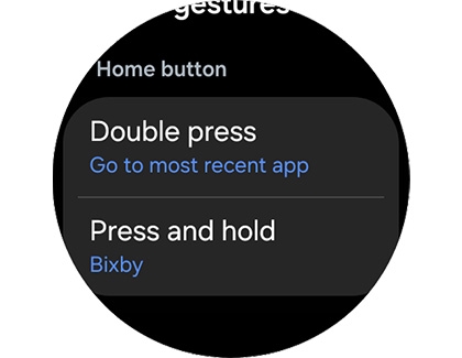 Home button settings on a Galaxy watch, including Double press and Press and hold.