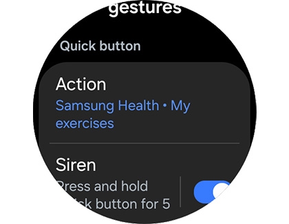 Quick button settings on a Galaxy watch, including Action and Siren.