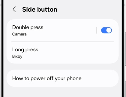 Side button settings on the Galaxy S25 Ultra, showing options for double press and long press actions.