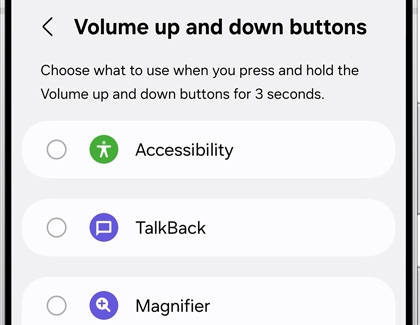 Volume up and down buttons settings on the Galaxy S25 Ultra, showing options for accessibility features like TalkBack and Magnifier.