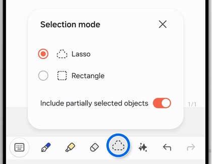 Galaxy S25 Ultra handwriting selection mode settings with options for Lasso and Rectangle, and an option to include partially selected objects.