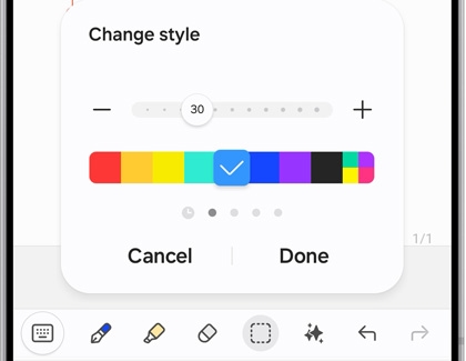 Galaxy S25 Ultra handwriting style settings with options to adjust thickness and color.