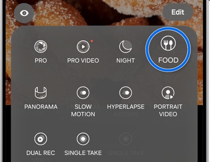 Galaxy S25 Ultra camera mode menu with Food mode highlighted.