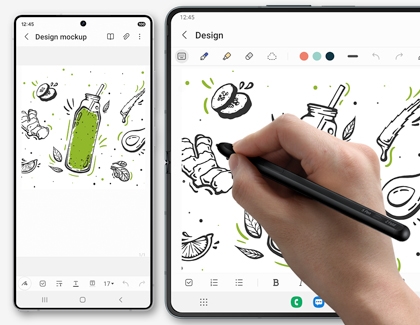 Galaxy S25 Ultra and Galaxy tablet shown side-by-side, with a hand using the S Pen to design illustrations on the tablet.