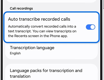 The Auto transcribe recorded calls option enabled on a Galaxy S25 Ultra.