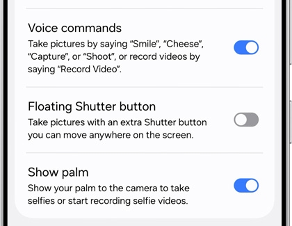 Camera settings screen on a Galaxy S25 Ultra showing options for hands-free shooting methods, with Voice commands and Show palm toggled on