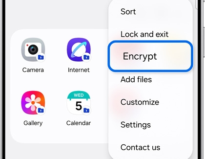 A Galaxy S25 Ultra screen displaying the Secure Folder menu, with the Encrypt option highlighted.