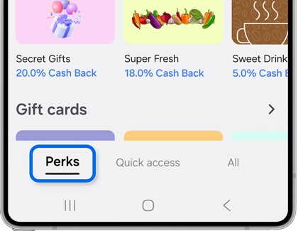 Samsung Wallet showcasing cashback rewards for Secret Gifts, Super Fresh, and Sweet Drinks gift cards.