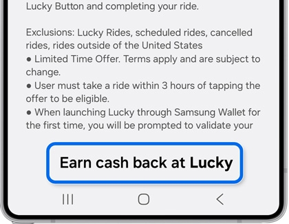 Samsung Wallet interface displaying terms for cashback offer with a button to earn cashback at Lucky.