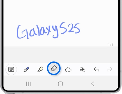 Galaxy S25 Ultra handwriting mode with Galaxy S25 written and the eraser tool highlighted.