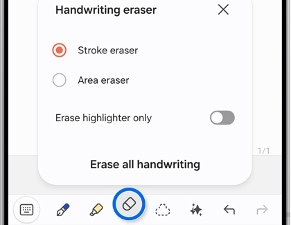 Galaxy S25 Ultra handwriting eraser settings with options for stroke eraser, area eraser, and erase all handwriting.