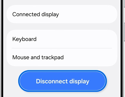 A Galaxy S25 showing the Samsung DeX settings screen with a blue rounded box highlighting the Disconnect display button at the bottom.