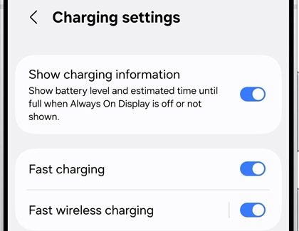 Charging settings on the Galaxy S25 Ultra, with Fast charging and Fast wireless charging options toggled on.