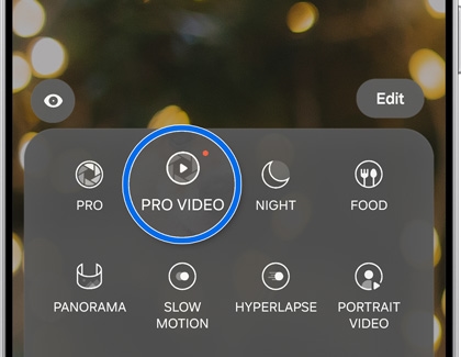 Camera mode options on the Galaxy S25 Ultra, highlighting Pro Video mode.