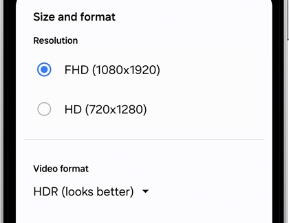 Size and format settings on the Galaxy S25 Ultra, showing resolution and video format options.