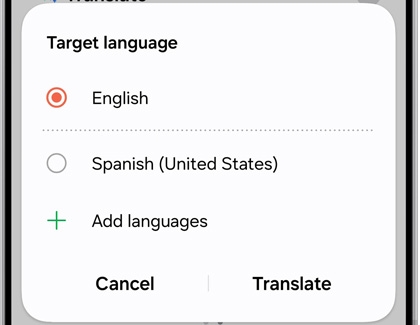 Language selection popup with English selected as the target language and options to add languages.