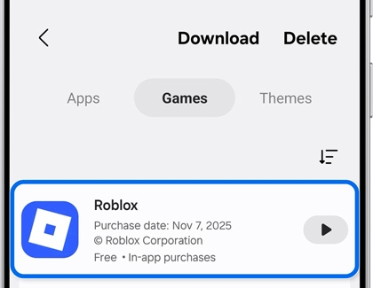 Galaxy S25 Ultra displaying the download screen in the Galaxy Store with the Roblox game listed under Games.