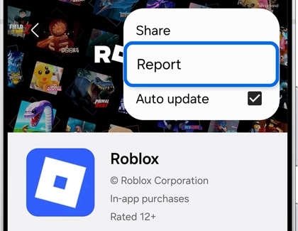 Galaxy S25 Ultra showing the Roblox app page in the Galaxy Store with the Report option highlighted in the menu.